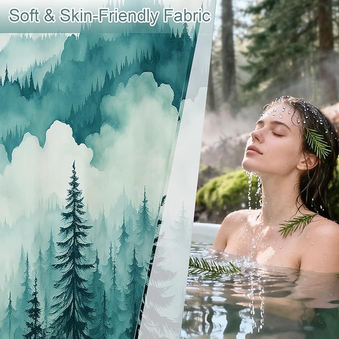 Litabel Teal Blue Long Misty Pine Forest Shower Curtain 72 x 78, Mountain Foggy Woodland Scenery Tree 78 Inch Long Shower Curtains for Bathroom, Turquoise Abstract Waterproof Nature-Themed Decor