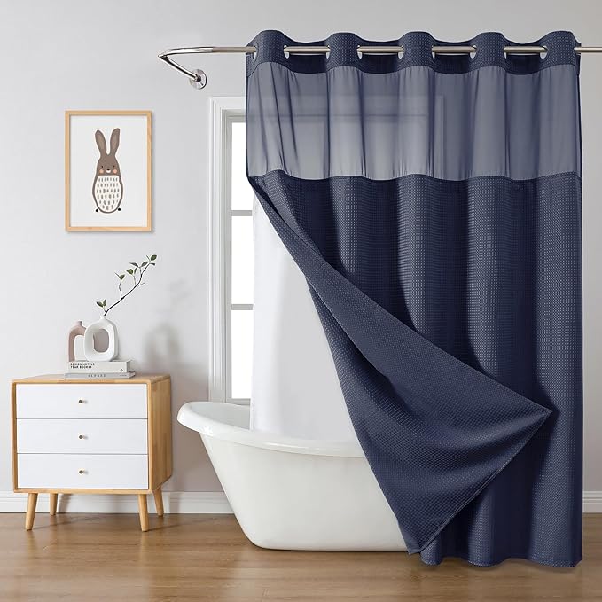 eachope Navy No Hook Waffle Weave Shower Curtain with snap-in Liner Replacement, 230GSM Waterproof Fabric Hotel Shower Curtain Set for Bathroom, Through Mesh Top Window,71Wx74H