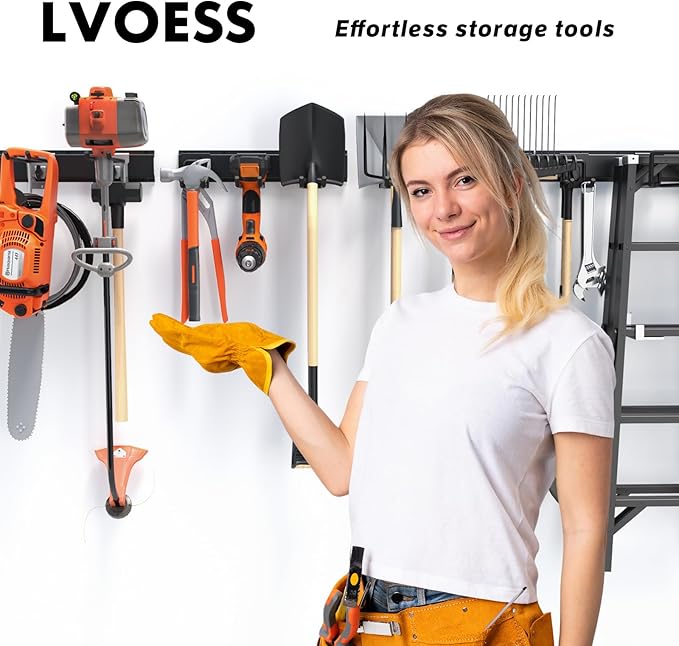 Lvoess 64'' Garage Tool Organizer Wall Mount, 620lbs Heavy Duty Metal Storage Rack | Adjustable Hooks Garden Tool Organization System | Anti-Rust Shed Rack for Hanging Shovel, Rake, Broom, Snowboard