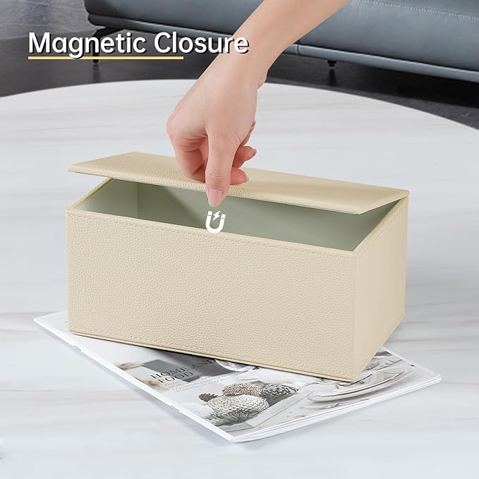 JLAMBOM Rectangle Tissue Box Cover for 120 to 160 Count Box of Tissues, PU Leather Tissue Holder with Magnetic Closure (Beige)