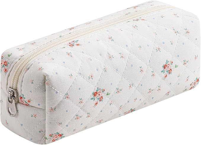 WHHJM Cute Floral Makeup Brush Bag Small Cotton Quilted Cosmetic Bag for Women Travel Toiletry Zipper Make Up Pouch (Yellow Small Flowers)