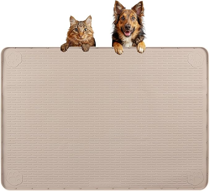 Bartuke Dog Food Mat, Extra Large 34" x 22" Silicone Pet Feeding Mat with Raised Edge Pet Placemat for Small, Medium, and Large Pets Non-Slip, Easy to Clean (Beige)