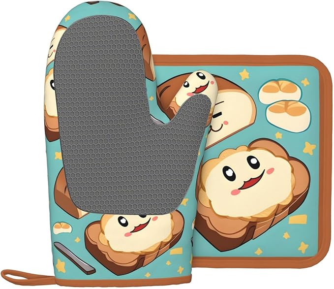 Oven Mitts and Potholders Cute Cartoon Bread Silicone Glove Heat Resistant, Kitchen Gloves for Cooking, 2-Piece Set