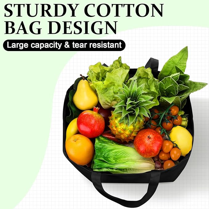 Reginary 12 Pack Canvas Grocery Bag Large Blank Shopping Tote Bags Reusable Pouches Bulk with Handle, 14 x 14 x 7.9''(Black)