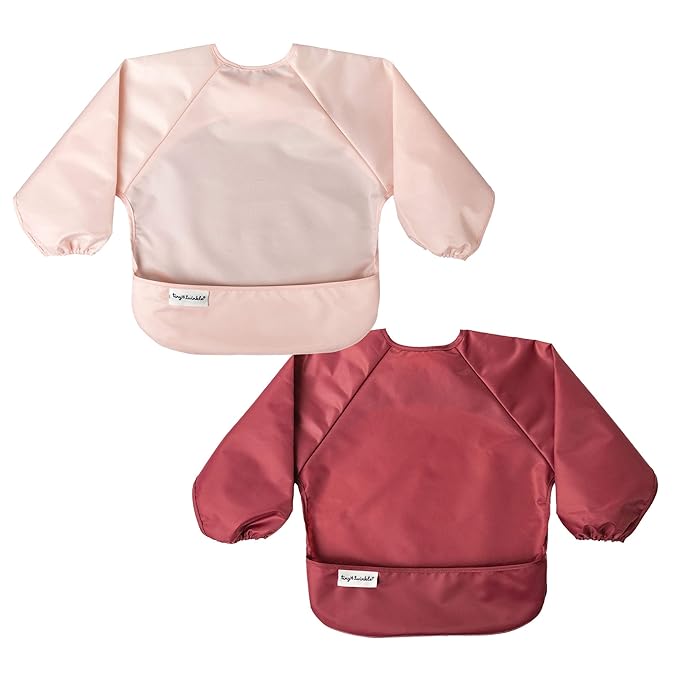 Tiny Twinkle Long Sleeve Bib for Babies & Toddlers | 2-Pack Waterproof Smock Bib for Eating | Machine Washable & Mess-Proof Feeding Essentials | Newborn Shower Gift (Rose Burgundy,6–24M)