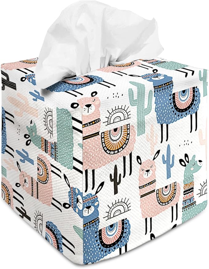 Tissue Box Cover Square Decorative Tissue Box Holder Cute Funny Cube Tissue Case Cover-Alpaca Tissue Box Cover