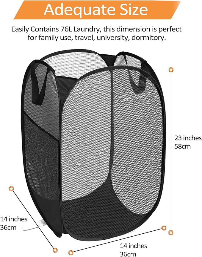 2 Pack Durable Collapsible Laundry Baskets - Reinforced Mesh Pop Up Laundry Hamper with Pocket, Foldable Dirty Clothes Hamper with Carry Handles for Laundry, Bathroom, Kids Room, Dorm or Travel Black