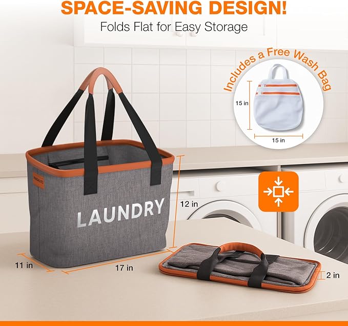 PANDALITO Collapsible Laundry Baskets (1 Pack) with Zip Pocket & Bonus Mesh Bag - Foldable Laundry Basket for Dirty Clothes, 10 Gallon Hamper Bin for Nursery, Dorm, RV, Apartment, Small & Portable