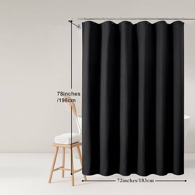 OWENIE Black Waffle Weave Fabric Shower Curtain, Textured Heavy Cloth Shower Curtains for Bathroom, Water Repellent Soft Hotel Spa Luxury Elegant Bath Curtain, Machine Washable, Black, 72x78 Inch