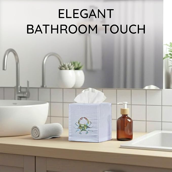 EmbroideryLinen.VN Tissue Box Cover Set of 2, Square Linen Tissue Holder, Printed Animal Pattern, 4.5x4.5x5.5 Inches, Decorative Holder for Bathroom, Living Room, Office (Blue & Green Crab)
