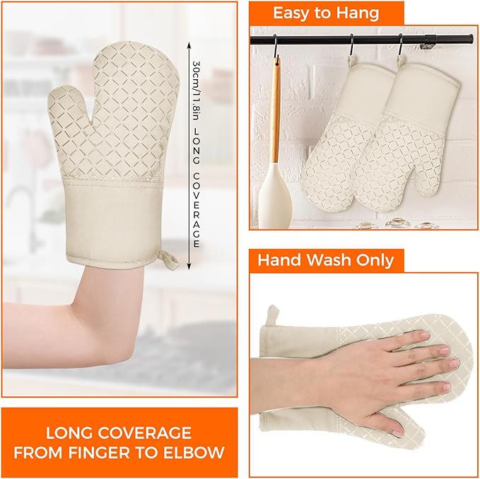 2 Pcs Oven Mitts for Kitchen Heat Resistant Oven Gloves, Soft Cotton Lining, Anti-Slip Silicone Stripe Oven Mitts Heat Resistant Oven Mits, Kitchen Mitt Pair Protect Hands, Cooking Baking Gloves Khaki