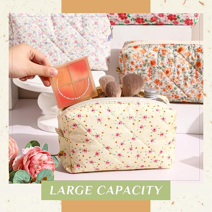 Paterr 10 Pcs Quilted Makeup Bag Bulk Cotton Floral Cosmetic Bag Women Girls Bridesmaid Gifts Cute Makeup Pouch Coquette Aesthetic Travel Toiletry Organizer(Classic Style,7.87 x 4.72 x 3.15 Inches)