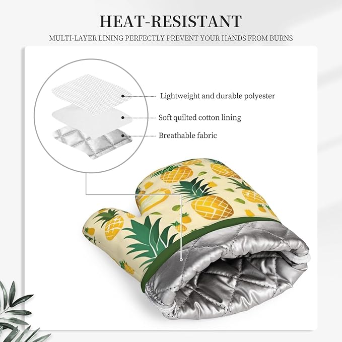 Oven Mitts and Potholders Funny Pineapple Silicone Glove Heat Resistant, Kitchen Gloves for Cooking, 2-Piece Set