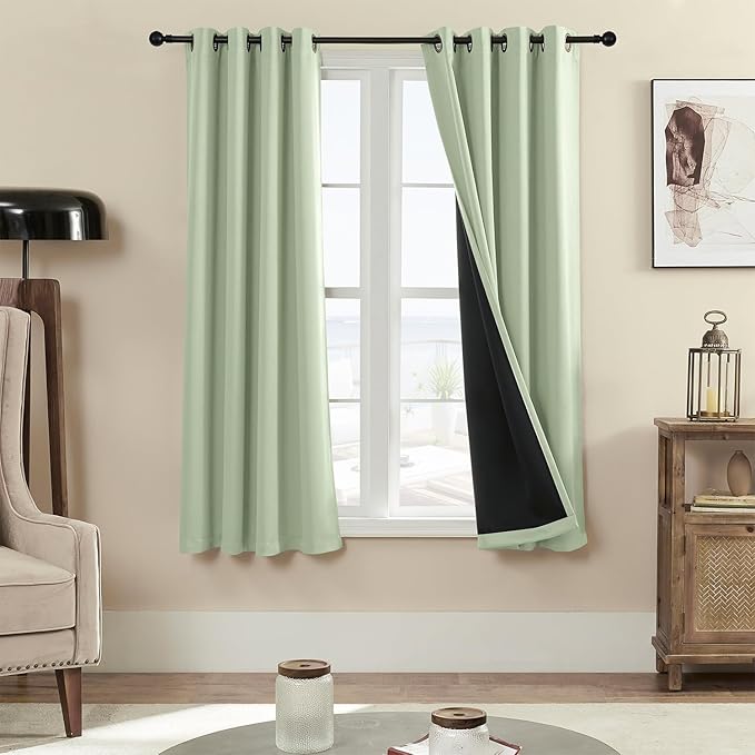 Rutterllow 100% Blackout 340 GSM Curtain 2 Panels, Heat and Full Light Blocking Drapes with Grommets for Bedroom, Thermal Insulated Window Treatment Drapes for Living Room (Sage Green,52x63inch)