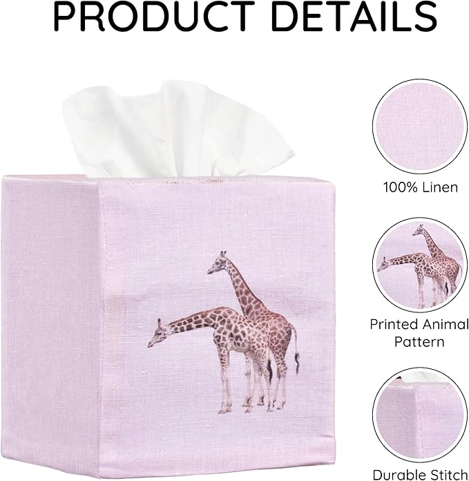 EmbroideryLinen.VN Tissue Box Cover Set of 2, Square Linen Tissue Holder, Printed Animal Pattern, 4.5x4.5x5.5 Inches, Decorative Holder for Bathroom, Living Room, Office (Giraffe)