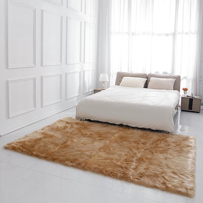 Faux Fur Rug Sheepskin Shag Fluffy Fuzzy 6x9 ft Beige Rugs for Bedroom Bedside Bed Floor Living Room Plush Rectangle High-Density Cushion Carpet Super Sofa Cover