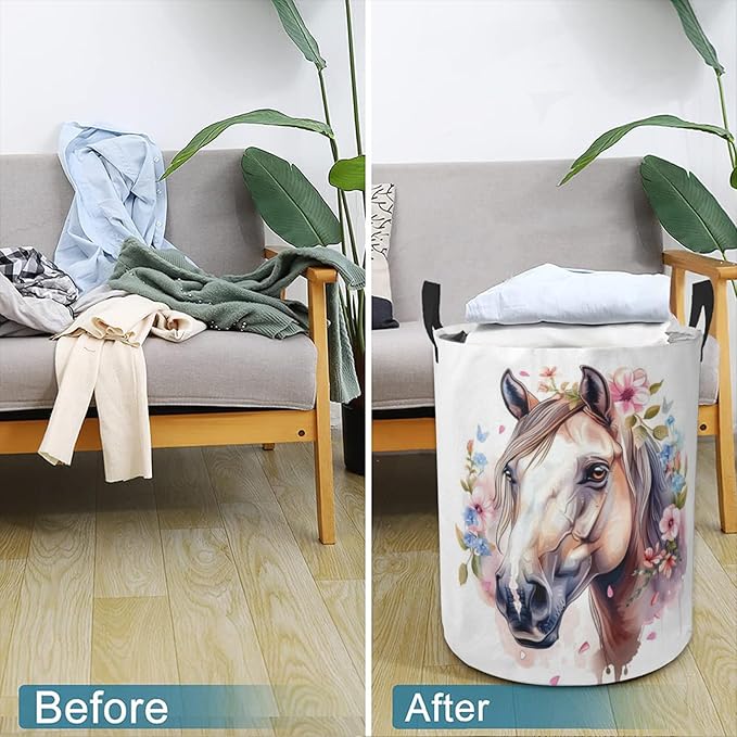 Laundry Basket Floral Horse Collapsible Laundry Hamper with Handles Clothes Storage Bin for Household Bedroom Bathroom College Dorms