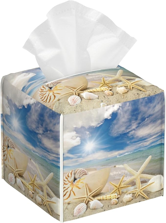 POIUBLE Seashells and Starfish on Beach Tissue Box Cover Leather Tissue Box Holder Square Facial Paper Organizer Dispenser for Bathroom Kitchen Bedroom Vanity Countertop Night Stands