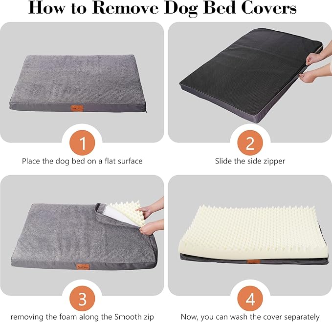 Waterproof Dog Beds for Large Sized Dogs - Orthopedic Dog Bed Washable Crate Pad 36 inch, Large Egg Crate Foam Pet Bed Mat with Removable Cover, Anti-Slip Kennel Pad, 36''×27'', Grey