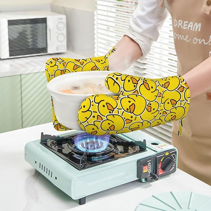 Cute Duck Kawaii Cartoon Oven Mitts And Pot Holders Set Of 4 Silicone Heat Resistant Oven Mitten Potholders Non Slip Gloves Kitchen Decor For Bbq Cooking Grilling Baking