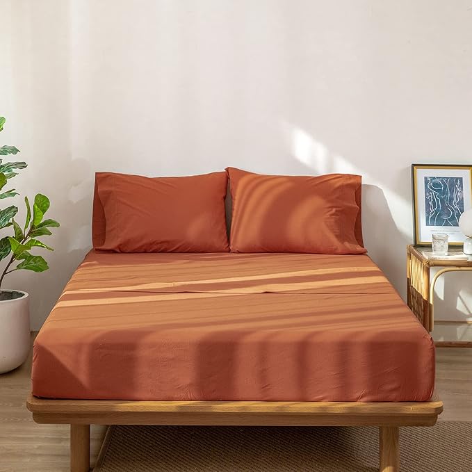 MooMee Bedding Sheet Set 100% Washed Cotton Linen Like Textured Breathable Durable Soft Comfy (Solid Rust Brown, King)
