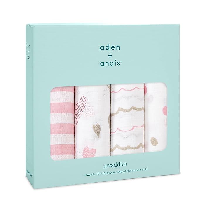 aden + anais Boutique Muslin Swaddle Blanket for Baby Girls and Boys, Newborn Receiving Blanket for Swaddling, 100% Muslin Cotton Swaddle Wrap, 4 Pack, Heart Breaker