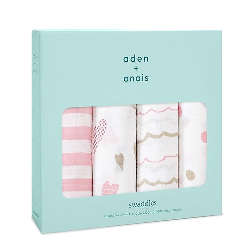 aden + anais Boutique Muslin Swaddle Blanket for Baby Girls and Boys, Newborn Receiving Blanket for Swaddling, 100% Muslin Cotton Swaddle Wrap, 4 Pack, Heart Breaker