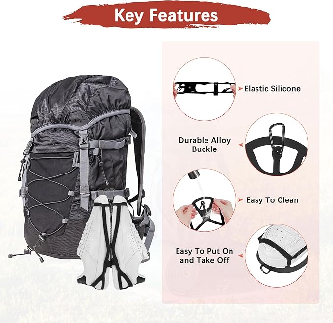 TIXIPEM Shoe Holster for Backpack [1SET] - Elastic Silicone Footwear Holder with Clip Use for Travel & Outdoors & Sports - [Black-M] Hang Extra Shoes Cleats Boots