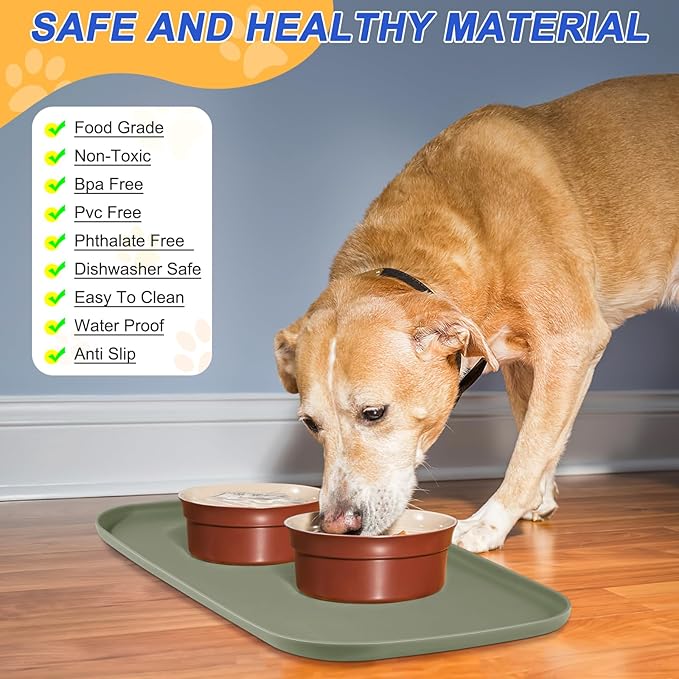 SMILOOL Silicone Pet Feeding Mat with Raised Edge for Food and Water, Dog Bowl Mats, Cat Bowls Placemat with High Lip for Floor Waterproof, Rubber Tray for Cats and Dogs 19 x 12 x0.7 Light Olive Green