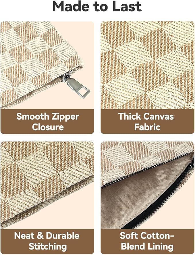 fahombag 2 Pcs Checkered Makeup Bag Set Canvas Cosmetic Pouch for Women Large & Small Cute Preppy Aesthetic Travel Toiletry Pouch Organizer for Purse Skincare Brushes, Khahi