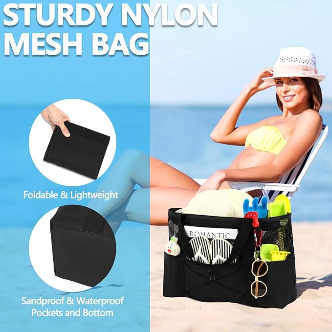 Fammart Mesh Beach Bag, Large Beach Tote with Zipper Pocket for Family Pool Bag for Toys & Vacation Essentials