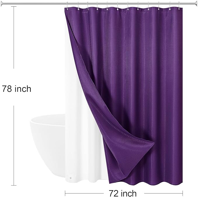 Craidlela 3 in 1 Long Purple Shower Curtain Set-72 W x 78 H, Modern Waffle and PEVA Liner Set with 12 Stainless Steel Hooks, Waterproof Fabric for Bathroom