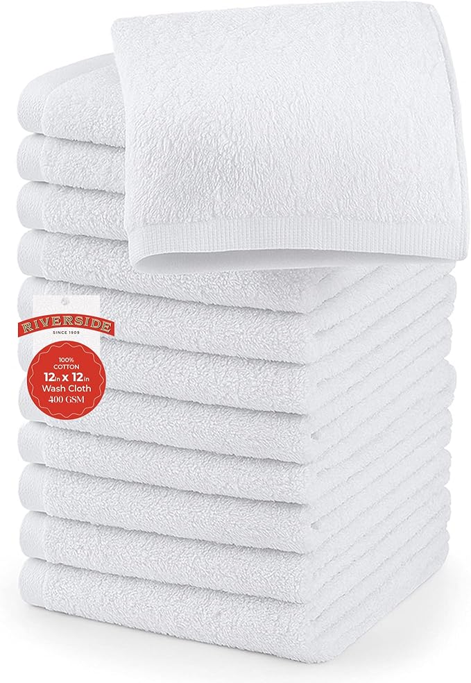 RIVERSIDE 12 Pack Washcloths - 12x12 Inches, 500 GSM, 100% Ring-Spun Cotton - Soft, Absorbent & Durable Face and Body Towels - for Bathroom, Spa, Gym, Makeup Removal & Everyday Use - White