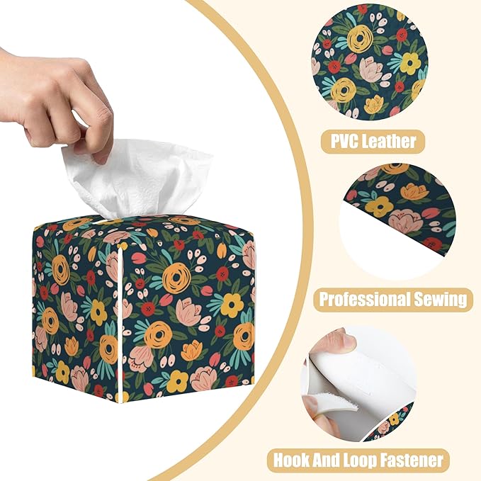 Tropical Flower Leather Tissue Box Holder Vintage Rose Tissue Box Cover Facial Paper Case Organizer Cube Napkin Dispenser for Bathroom Vanity Countertop Night Stand Office Car
