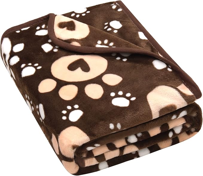 AHOOCUSTOM Dog Blanket, Soft Fleece Dog Blankets for Small Medium Dogs, Fluffy Flannel Pet Cat Puppy Blanket Mat Cover for Bed Couch, Cute Paw Print Throw Blanket for Dogs, Brown 40"X30"