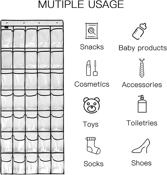 TidyMaster 1 Pack 35 Clear Crystal Pockets Large Hanging Shoe Organizer Over The Door Shoe Rack for Closet Door Storage Shoe Holder Hanger, 4Hooks, white (67.7'' x 26.4'')