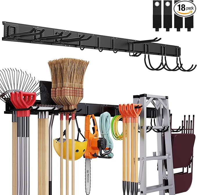 Gatsowm Tool Storage Rack Wall Mount, 64 Inch Adjustable Garden Tool Organizer, Heavy Duty Garage Wall Organizer Rack, Yard Tool Organizer System for Rake Shovel Broom Mop Wall Holder