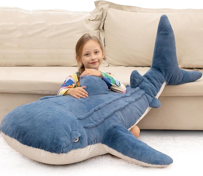 Tezituor 51inches Giant Whale Shark Stuffed Animal, 4.3ft Large Blue Stuffed Whale Shark Plush Body Pillow for Girls Boys, Realistic Plush Toy Christmas Birthday Ocean Theme Gift for Kids Adults