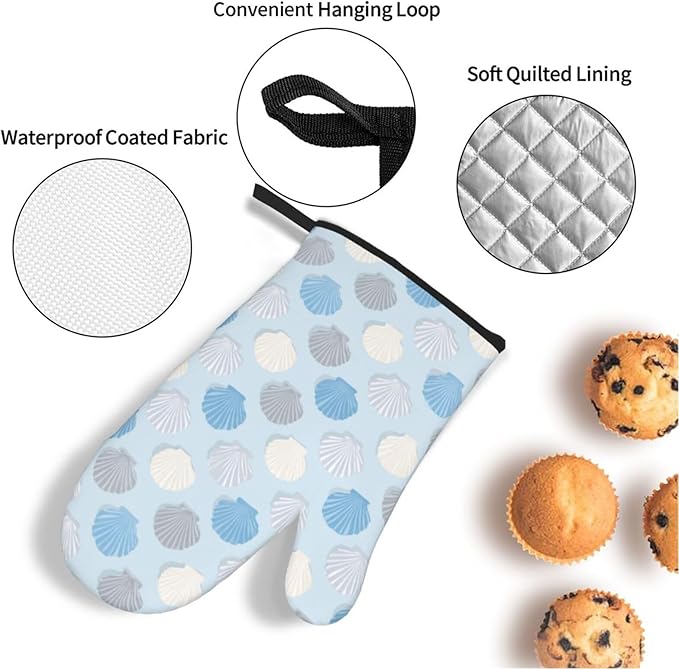 Oven Mitts and Pot Holders Sets of 4 Summer Seashell Blue Pastel Kitchen Potholder Gloves Heat Resistant Non-Slip for Chef Baking Cooking Grilling BBQ Mittens