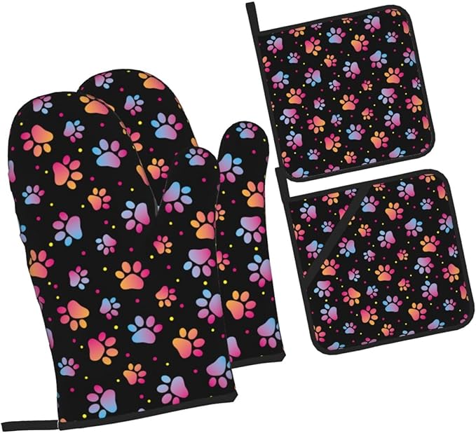 Dog Animal Paws Print Oven Mitts and Pot Holders 4 Pcs Set Oven Gloves and Potholders for Cooking Microwave BBQ Baking Grilling