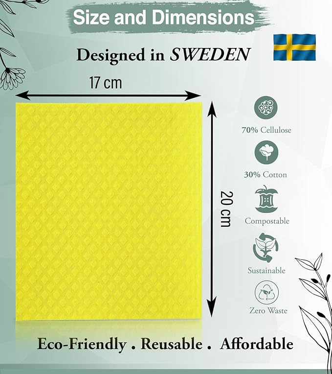Solvra 10 PCS Swedish Dishcloths for Kitchen 100% Biodegradable | Reusable Cellulose Sponge Cloths | Ultra Absorbent, Eco-Friendly Cleaning Towels | Dishcloths for Washing Dishes & General Cleaning