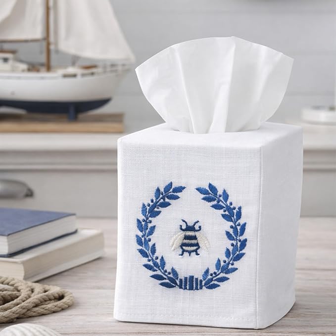 Jacaranda Living Square Tissue Box Cover, Linen/Cotton Fabric Tissue Holder, Decorative Cloth Tissue Cube Cover, Nature Designs Napoleon Bee Wreath (Navy)