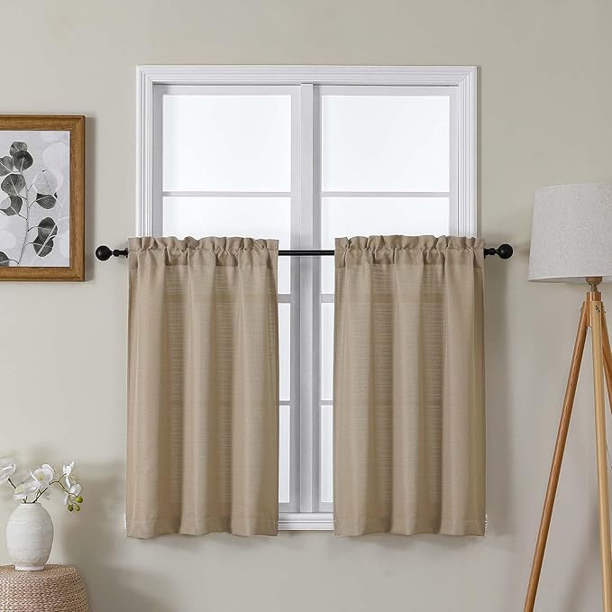Lecloud Bessie 36 Inch Kithen Curtains 2 Panels Set, Camel Faux Linen Textured Elegant Window Drapes, Burlap Short Window Curtain Tiers for Cafe Bedroom Bathroom Basement, Each 30 W x 36 L