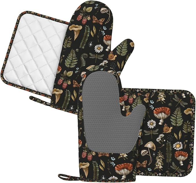 Mushroom Oven Mitts Pot Holders Set of 4 + Dish Drying Mat 16x18 Inch Vintage Magic Leaf for Kitchen