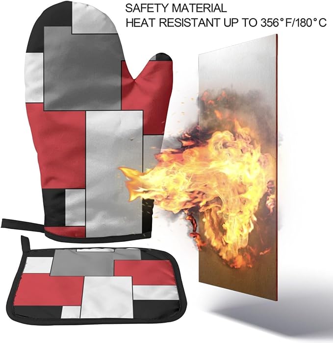 Red White Black Grey Geometric Oven Mitts and Pot Holders Insulated Gloves & Kitchen Counter Safe Mats for Cooking BBQ Baking Grilling (2-Piece Set)
