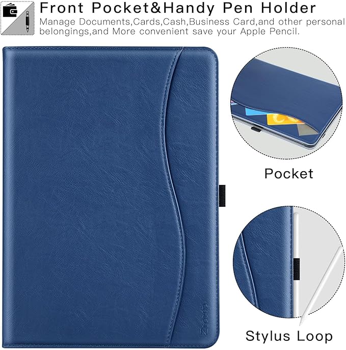 ZtotopCases for iPad Pro 11 Inch Case (M5) 2025/ (M4) 2024 - PU Leather Smart Cover, with Auto Wake/Sleep, Multiple View Angles, Hand Strap & Pocket - Navy Blue
