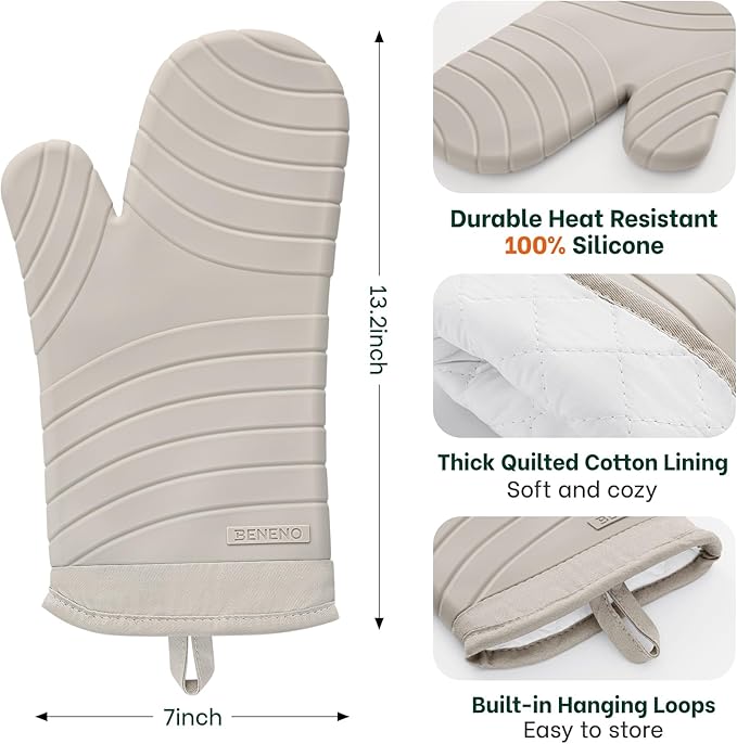 Beneno Heat Resistant Silicone Oven Mitts BPA-Free, Non-Slip Textured Grip & Quilted Cotton Lining, Waterproof Kitchen Mitt 2-Pack Set, 7"x13", Beige