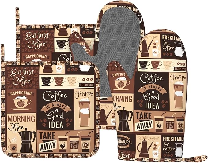 Oven Mitts Pot Holders Set Coffee Pattern Silicone Modern Art Kitchen Gloves Potholders Heat Resistant for Chef Baking Cooking Grilling BBQ 4 Pack Mitt