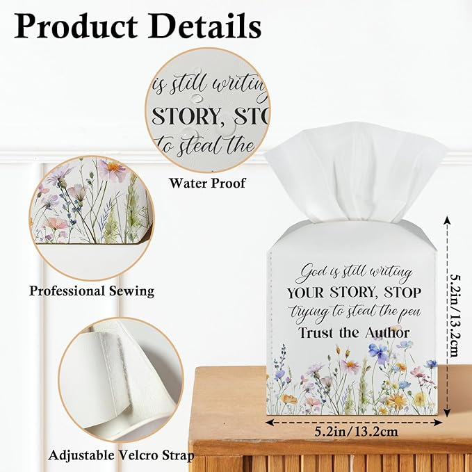 Floral Tissue Box Covers Square - God is Still Writing Your Story, Leather Tissue Box Holders Decorative for Car Nightstand Home Office Organizer, Square Facial Paper Organizer Home Decor -024