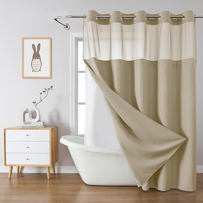 eachope Khaki No Hook Waffle Weave Shower Curtain with snap-in Liner Replacement, 230GSM Waterproof Fabric Hotel Shower Curtain Set for Bathroom, Through Mesh Top Window,71Wx77H